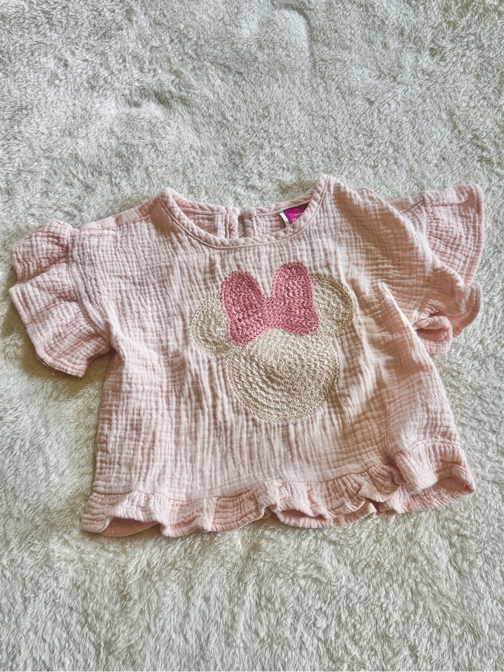 Disney Pink Minnie Mouse Embroidered Flutter Sleeve Top